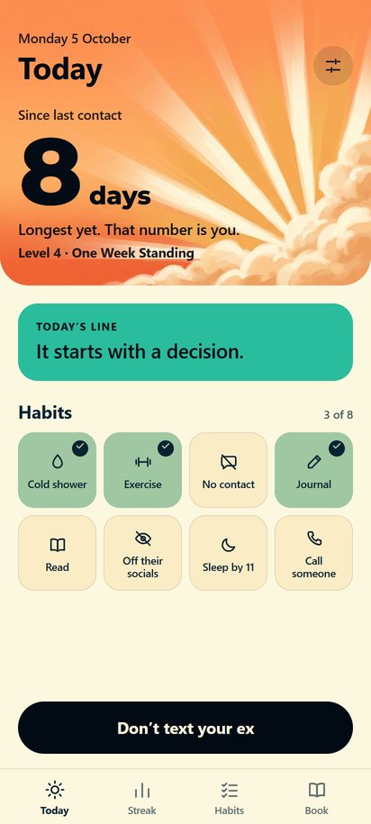 The app's Today screen: days since last contact, today's line from the book, eight habits, and the Don't text your ex button.