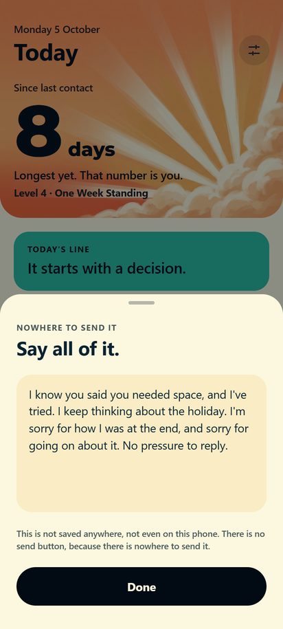 The write-it-out screen: a long draft, with the note that it is not saved and cannot be sent.